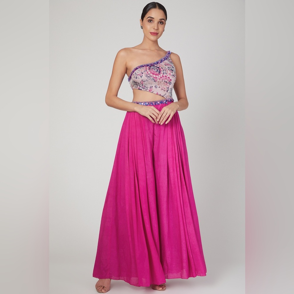 NWT Dhwaja Pernia's Pink Jumpsuit Printed Beaded Sequin Silk Flaw size 34, Small